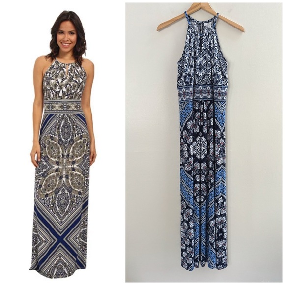 London Style Blue White Sleeveless Grecian Maxi Formal Party Dress - Picture 1 of 9